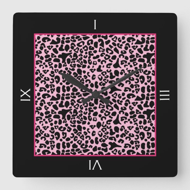 Trendy Pink And Black Leopard With Roman Numerals Square Wall Clock (Front)