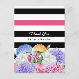 Trendy Pink and Black Stripes Floral Thank You Postcard