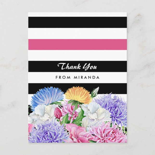 Trendy Pink and Black Stripes Floral Thank You Postcard (Front)