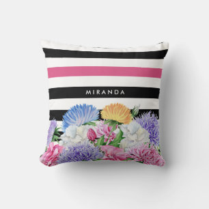 Trendy Pink and Black Stripes Floral With Name Cushion
