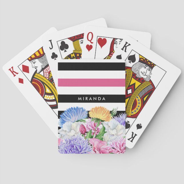 Trendy Pink and Black Stripes Floral With Name Playing Cards (Back)