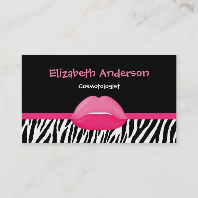Trendy Pink and Black Zebra Cosmetologist Lips Business Card (Front)