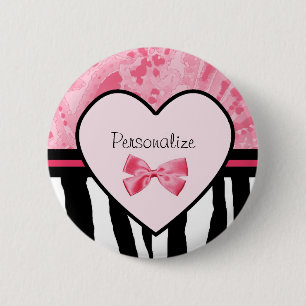 Trendy Pink and Black Zebra Pattern Bow and Name 6 Cm Round Badge