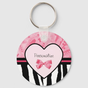 Trendy Pink and Black Zebra Pattern Bow and Name Key Ring