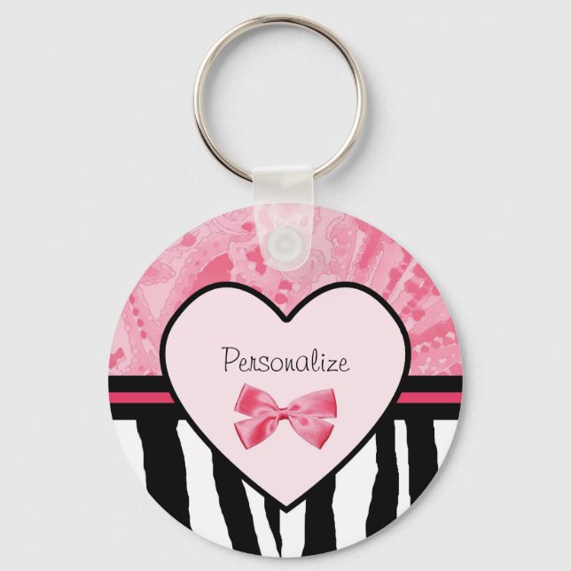 Trendy Pink and Black Zebra Pattern Bow and Name Key Ring (Front)