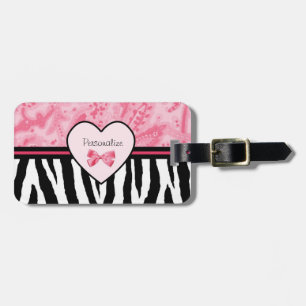 Trendy Pink and Black Zebra Pattern Bow and Name Luggage Tag
