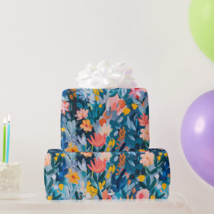 Trendy Pink and Blue Abstract Floral Pattern Wrapping Paper