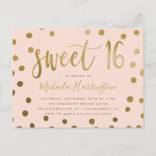 Trendy Pink and Gold Confetti Sweet 16 Birthday Invitation Postcard