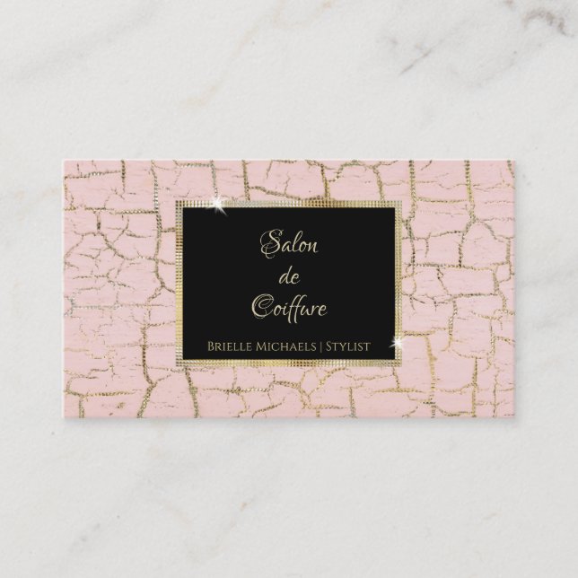 Trendy Pink and Gold Crackled Paint Hair Salon Business Card (Front)