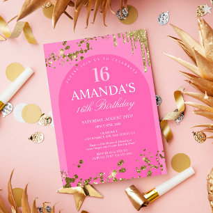Trendy Pink and Gold Glitter Drip Birthday Invitation