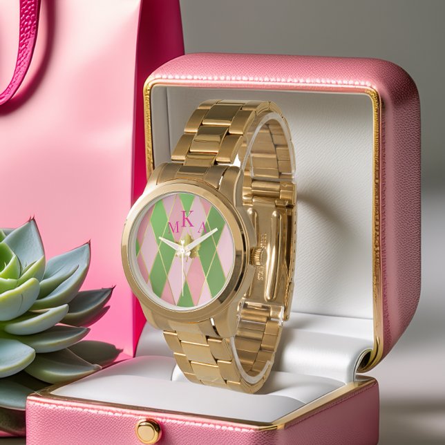 Trendy Pink and Green Gold Argyle Monogram  Watch (Stylish Pink and Green Gold Argyle Monogrammed Watch )