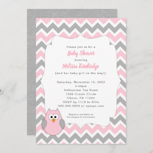 Trendy Pink and Grey Owl Girl Baby Shower Invitation