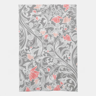 Trendy Pink and Grey Swirly Floral Tea Towel