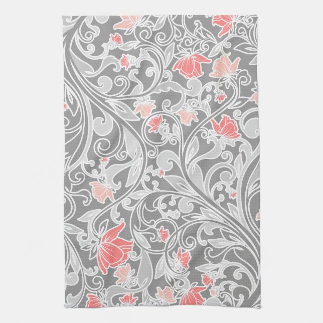 Trendy Pink and Grey Swirly Floral Tea Towel (Vertical)