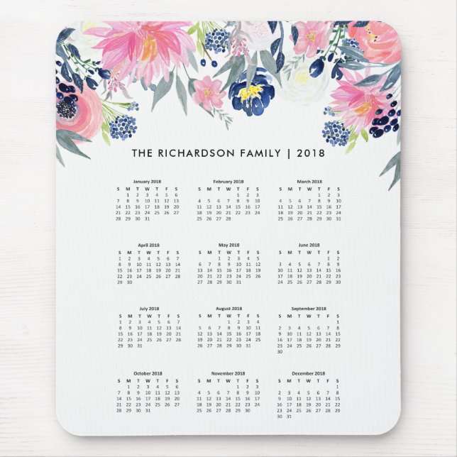 Trendy Pink and Navy Blue Floral | 2018 Calendar Mouse Pad (Front)