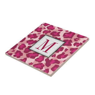 Trendy pink and red leopard monogram tile