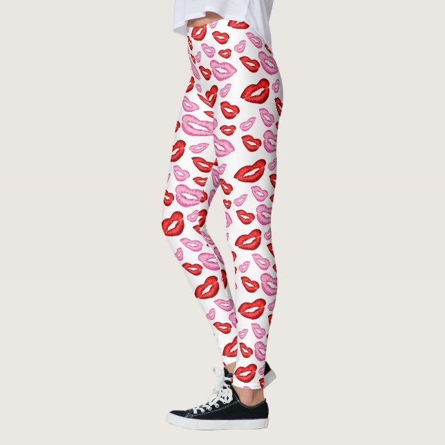 Trendy pink and red lipstick prints leggings (Left)