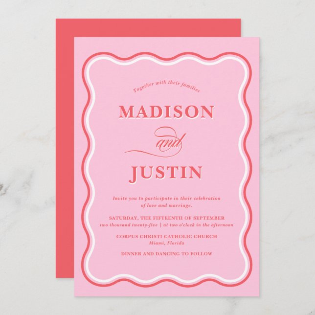 Trendy Pink and Red Squiggle Curves Wavy Wedding Invitation (Front/Back)