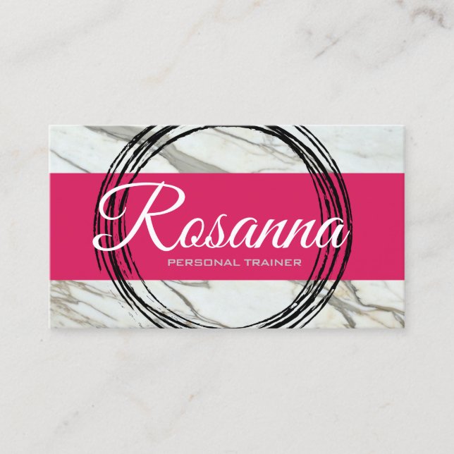 Trendy pink, black and white marble business card. business card (Front)