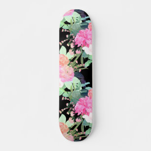 Trendy Pink & Black Flowers Watercolor Design Skateboard