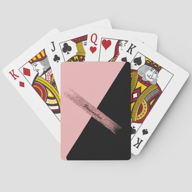 Trendy Pink Black Glitter Personalised Chic Glam Playing Cards (Back)