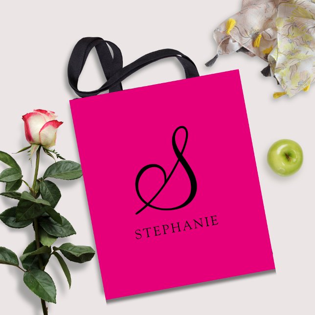 Trendy Pink Black Monogram Initial Script Name Tote Bag (Creator Uploaded)