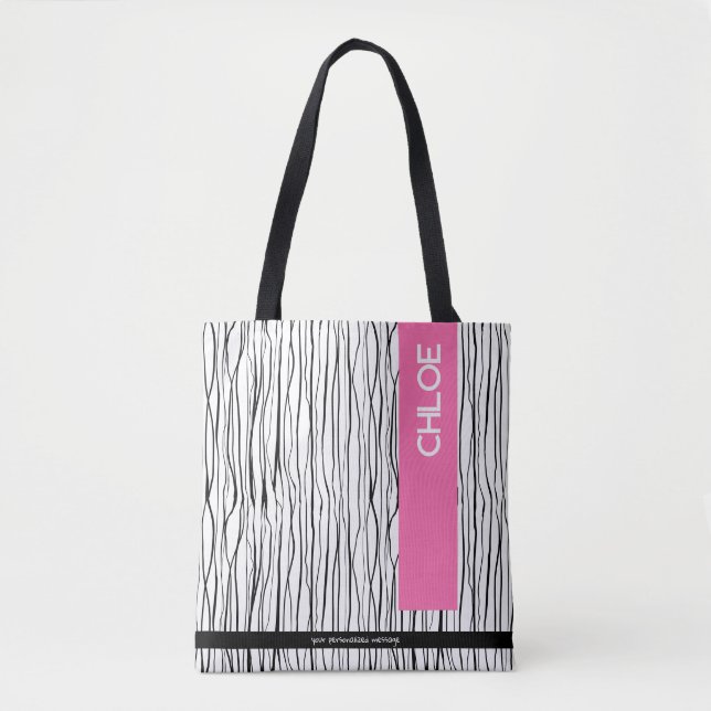 Trendy Pink & Black Personalised  Tote Bag (Front)