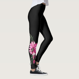 Trendy Pink Blossoms Floral Leggings, Black Leggings