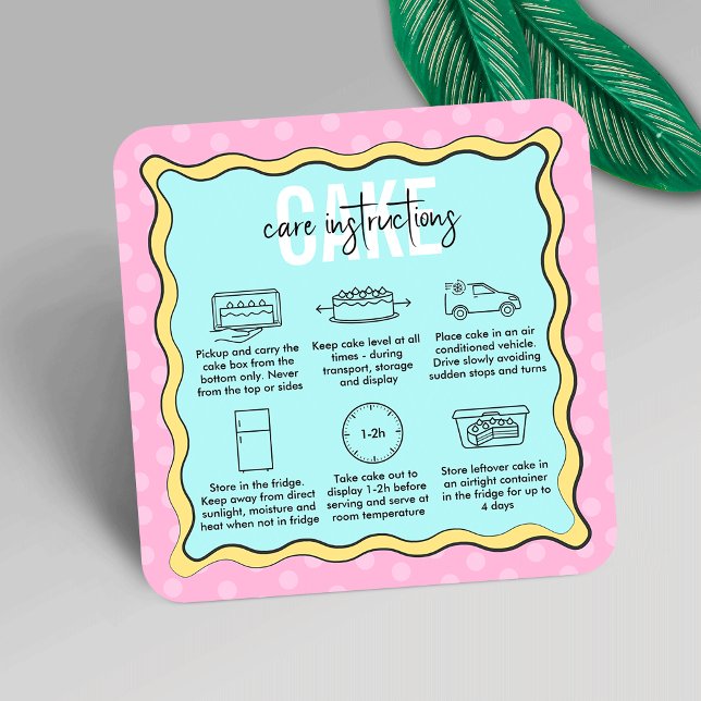 Trendy Pink Blue Cartoon Cake Care Instructions Square Business Card (Trendy cake care instructions cards in cartoon cake inspired design, featuring care icons)