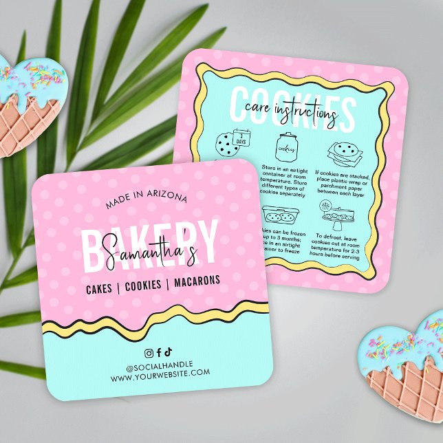 Trendy Pink Blue Cartoon Cookies Care Instructions Square Business Card (Trendy cookie care instructions cards in pastel pink & blue colors and modern cartoon style design)
