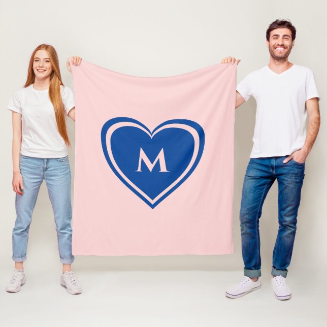 Trendy Pink Blue Heart Monogram Valentine`s Fleece Blanket (In Situ)