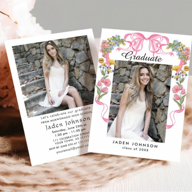 Trendy Pink Bow Coquette 2 PHOTO Graduation Party Invitation (Creator Uploaded)