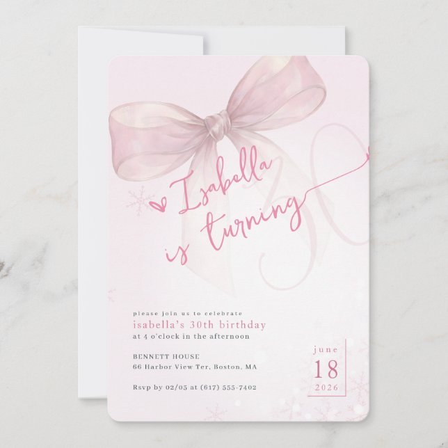 Trendy Pink Bow Elegant Winter 30th Birthday Invitation (Front)