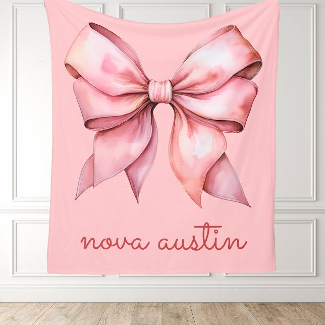 Trendy Pink Bow Personalised With Name Monogram Fleece Blanket (Creator Uploaded)