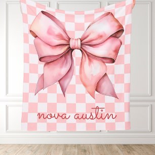 Trendy Pink Bow Personalised With Name Monogram Fleece Blanket