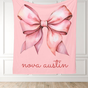 Trendy Pink Bow Personalised With Name Monogram Fleece Blanket