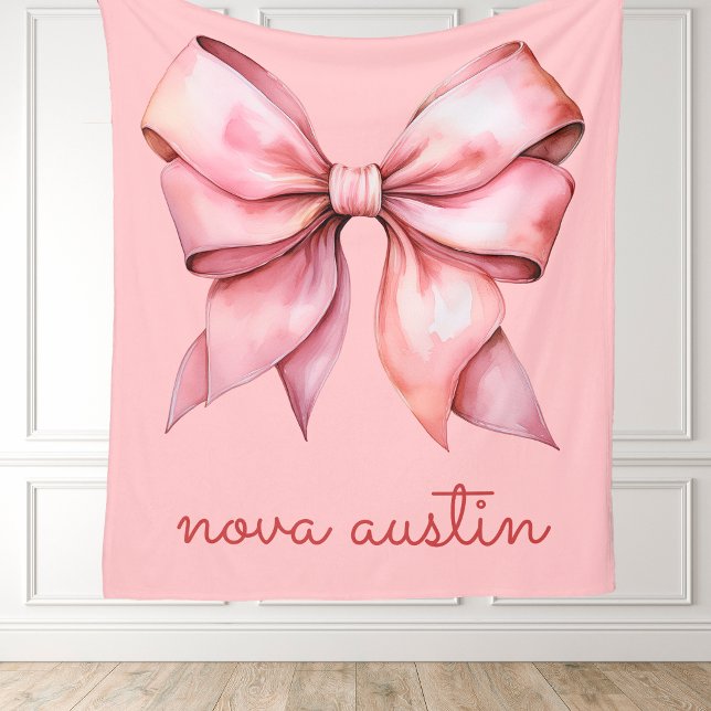 Trendy Pink Bow Personalised With Name Monogram Fleece Blanket (Creator Uploaded)