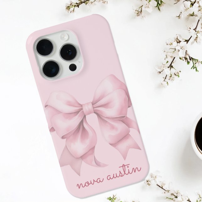Trendy Pink Bow Personalised With Name Monogram iPhone Case (Creator Uploaded)