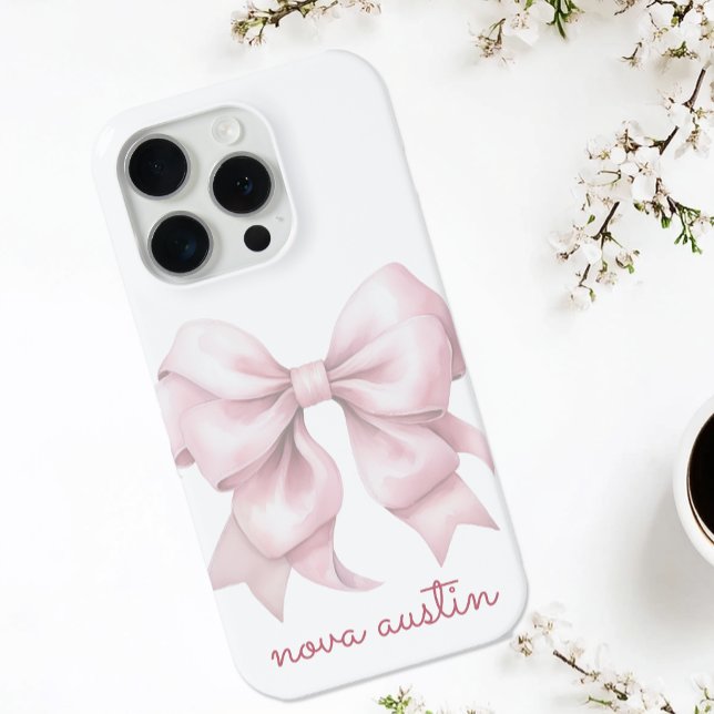 Trendy Pink Bow Personalised With Name Monogram iPhone Case (Creator Uploaded)