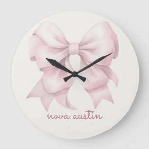 Trendy Pink Bow Personalised With Name Monogram Large Clock