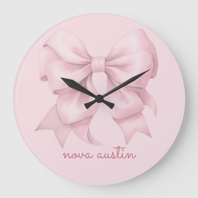 Trendy Pink Bow Personalised With Name Monogram Large Clock (Front)