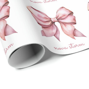 Trendy Pink Bow Personalised With Name Monogram Wrapping Paper