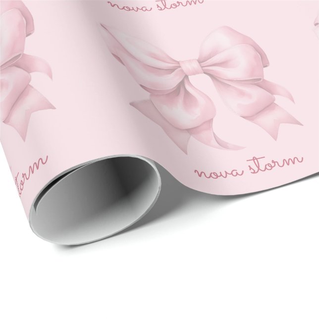 Trendy Pink Bow Personalised With Name Monogram Wrapping Paper (Roll Corner)