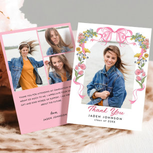 Trendy Pink Bow Ribbon 4 PHOTO Graduation Party Thank You Card
