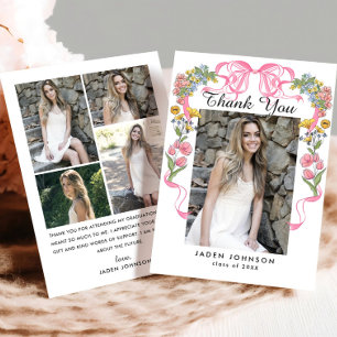 Trendy Pink Bow Ribbon 5 PHOTO Graduation Party Thank You Card