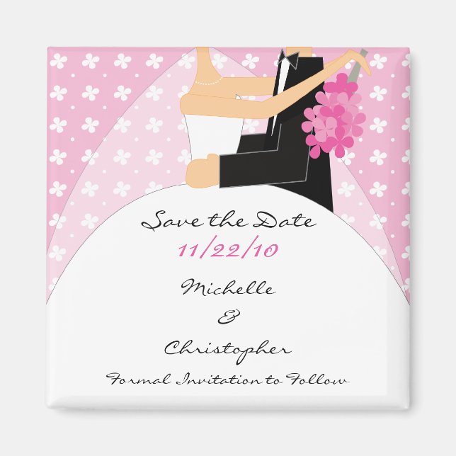 Trendy Pink Bride & Groom Save The Date Magnet (Front)