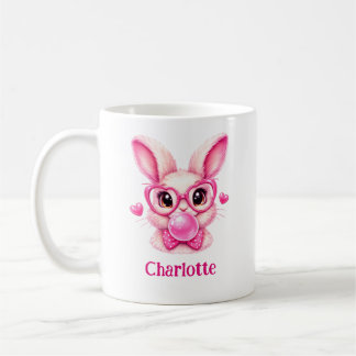 Trendy Pink Bunny  with Bubble Gum – Custom Name Coffee Mug