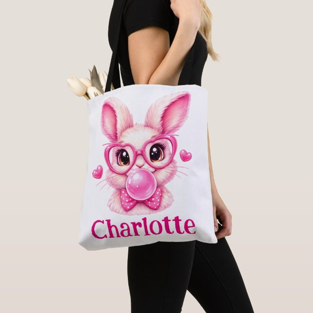 Trendy Pink Bunny  with Bubble Gum – Custom Name Tote Bag (Close Up)