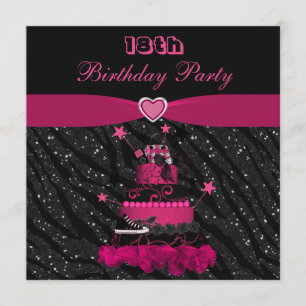 Trendy Pink Cake & Zebra Stripes 18th Birthday Invitation