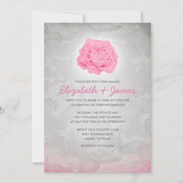 Trendy Pink Camo Wedding Invitations (Front)